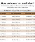 Table showing track lengths, max opening widths, and door panel thickness for 96 Inch Box Rail Sliding Barn Door Hardware Kit Ceiling Mount For Exterior And Interior Single Door Beefy Build Heavy Duty Black Aluminum Track With Corrosion Resistant Finish And Smooth Easy Glide Door Not Included.