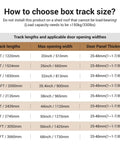 Chart showing track lengths and max opening widths for barn door hardware kits, with 72-Inch Box Rail Sliding Barn Door Hardware Kit With Ceiling Mount Built Tough Black For Exterior And Interior Use No Door Included Fits Up To 32 Inch Opening And 36 Inch Door Panel Aluminum Alloy Track specifications.