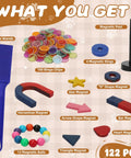 122 Piece Magnetic Science Kit For Kids With Colorful Chips, Magnetic Balls, Wands, Magnets, And Rings, A Hands On STEM Learning Toy Set For Classrooms And Back To School Activities displayed with included pieces.