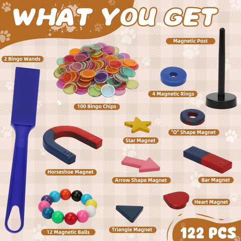 122 Piece Magnetic Science Kit For Kids With Colorful Chips, Magnetic Balls, Wands, Magnets, And Rings, A Hands On STEM Learning Toy Set For Classrooms And Back To School Activities displayed with included pieces.