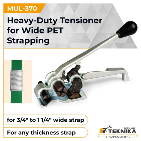 Heavy Duty Tensioner For Wide PET Strapping Featuring Patented Vertical Gripper Design Rock Solid Construction Top Shelf Warehouse Tool That Handles Full Width Strap Wrapping Without Any Sweat Or Hassle
