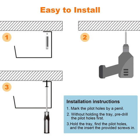 Installation instructions for Under Desk Cable Management Tray 2 Pack Heavy Duty Metal Wire Cord Organizer for office and home.