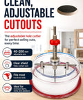 Heavy Duty Adjustable Hole Saw Cutter Kit Twin Blade Drywall Tool For Recessed Lights with adjustable size 40-200mm and clear dust cover.