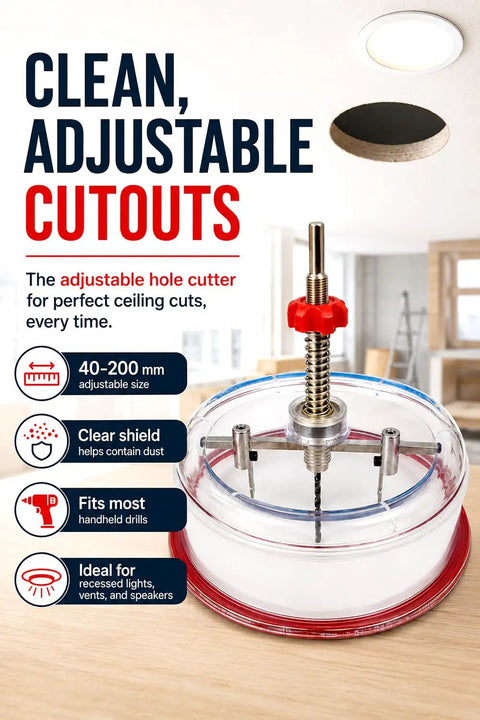 Heavy Duty Adjustable Hole Saw Cutter Kit Twin Blade Drywall Tool For Recessed Lights with adjustable size 40-200mm and clear dust cover.