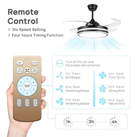 Image of 42 Inch Retractable Ceiling Fan With Lights And Remote For Home Use In Bedroom Living Room And Dining Area, Quiet DC Motor With Copper Core
