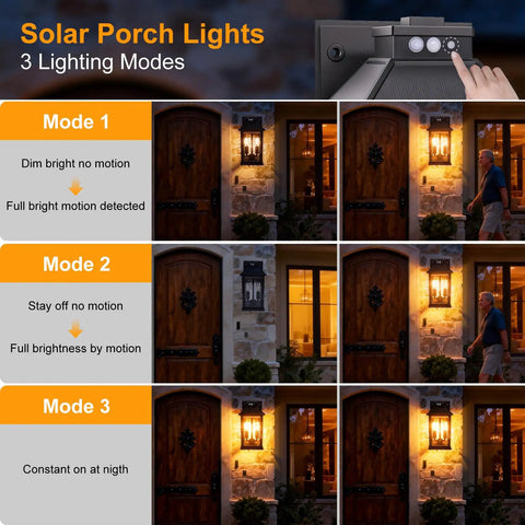 Super Bright Solar Porch Lights With Smart Motion Sensor Sconce Natch Kicks On showcasing 3 lighting modes for yard security.