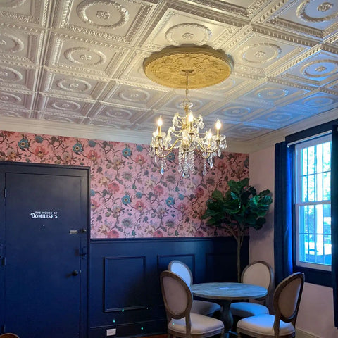 Room with Laurel Wreath Faux Tin Ceiling Tiles White Pearl 25 Pack No Fuss Install Easy Glue Up Or Drop In Grid System DIY Friendly