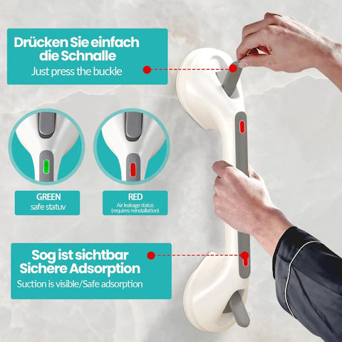 Person installing 12 Inch Shower Grab Bar With Red Green Indicator Lights, No Slip Suction Bath Handle For Elderly And Handicap