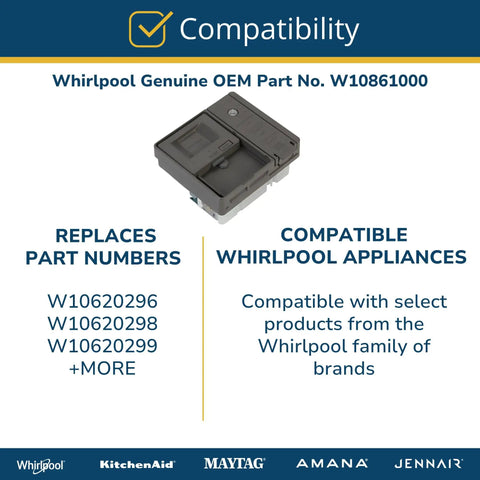 Detergent Dispenser Replacement For Laundry Machines OEM W10861000 compatibility chart with compatible part numbers and brands.