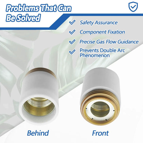 Front and back view of the white, metal-threaded Retaining Cap For Plasma Cutter Torch Fit For Hypertherm 600 800 900 Series