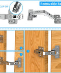 Illustration of Two Pack 135 Degree Corner Cabinet Hinge, Adjustable 3D Concealed Overlay Hinge With Clip-On Plate on wooden cabinet.