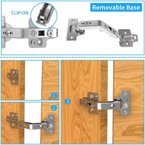 Illustration of Two Pack 135 Degree Corner Cabinet Hinge, Adjustable 3D Concealed Overlay Hinge With Clip-On Plate on wooden cabinet.