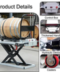 Ready To Roll Heavy Duty Foldable Hydraulic Lift Table with barrel, showcasing control box, thickened handle, and hydraulic device.