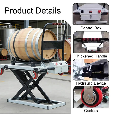 Ready To Roll Heavy Duty Foldable Hydraulic Lift Table with barrel, showcasing control box, thickened handle, and hydraulic device.