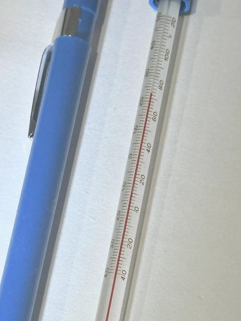 Pocket Lab Thermometer With Dual Reading Liquid In Glass For Field And Home Use, -40 To 50 C And -40 To 120 F, 6.25 Inches, Full Immersion, Red Alcohol Fill, Accurate To 1 C For Quick Readouts. blue-cased glass thermometer with clip, dual scale visible