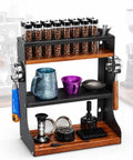 Level Up Your Daily Grind With This Wall Mounted Coffee Bean Storage Tube Set Featuring Twelve Single Dose Espresso Vials on a shelf.