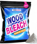 Top Shelf Oxalic Acid Wood Bleach One Pound Powder Formula in a colorful bag with a pile of powder beside it.