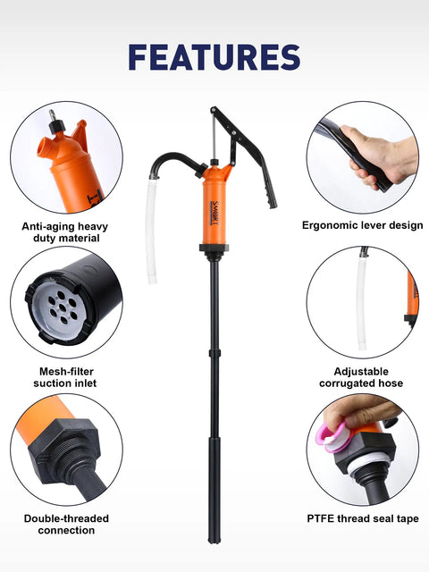 Heavy Duty 55 Gallon Drum Pump For Def Fluid Transfers And Barrels With Grippy Handle Design detailed view of ergonomic components and connectors.