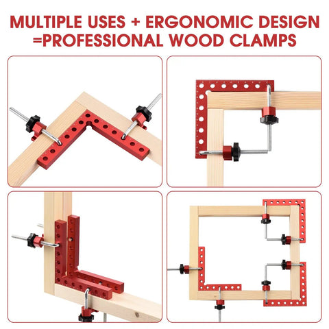 Four Pack 5.5 Inch Aluminum Alloy Right Angle Corner Clamp Set For Woodworking, shown in various positions on wooden frames.