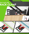 Heavy Duty Track Saw Square With Quick Positive Angle Stops For Dead On Miter Cuts Compatible With Festool Makita Milwaukee Guide Rails, shown with track clamp.