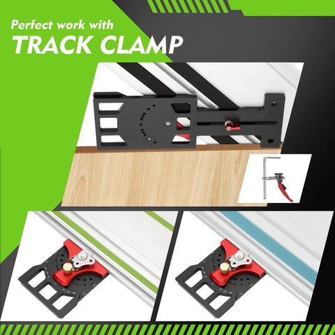 Heavy Duty Track Saw Square With Quick Positive Angle Stops For Dead On Miter Cuts Compatible With Festool Makita Milwaukee Guide Rails, shown with track clamp.