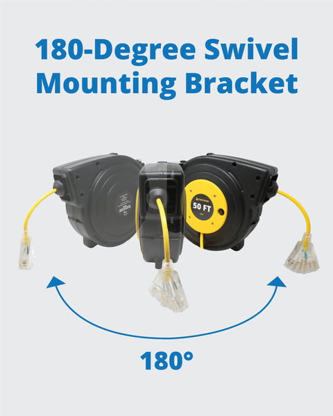Beefed Up 50 Ft Retractable Extension Cord Reel With 14 3 AWG SJTOW Power Cord Lighted Triple Tab Outlet swivel bracket