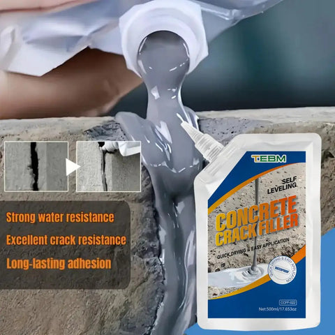 Premium Concrete Crack Filler And Pool Deck Textured Patch With Base Seal For Kool Deck Restore Gray Non Slip Barefoot Ready Resurfacing Compound being poured into a crack in concrete.