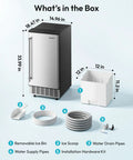 Stay Frosty All Night Long With This Heavy Duty Under Counter Ice Maker Pumping Ninety Pounds Daily Plus Twenty Four Pound Storage And Zero Hassle Gravity Drainage Built For Everyday Adventures with dimensions and included items listed.