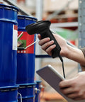 Handheld USB 1D Barcode Scanner With Stand Wired CCD Barcode Reader for POS systems stores supermarkets and warehouses in use