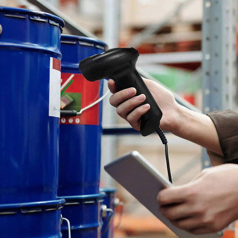 Handheld USB 1D Barcode Scanner With Stand Wired CCD Barcode Reader for POS systems stores supermarkets and warehouses in use
