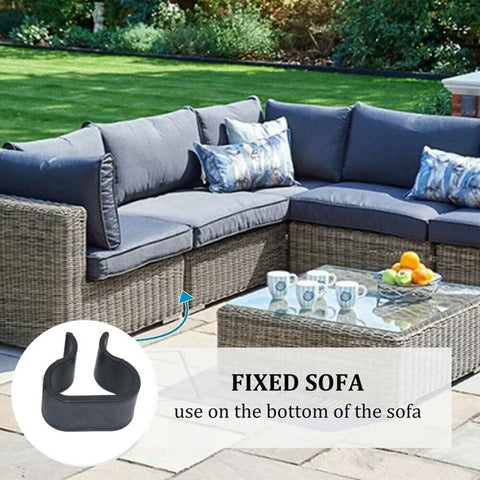 10 Pack Rattan Furniture Clips Sectional Connector securing outdoor wicker sofa on patio.