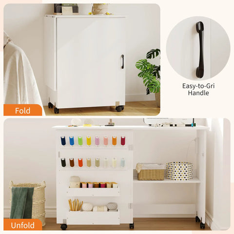 Totally Legit Folding Sewing Table With Quick Charge Port And Smooth Rolling Base Space Saving Craft Desk in folded and unfolded view.