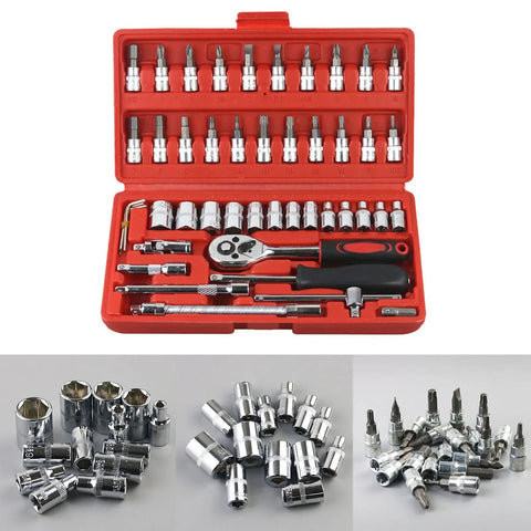 Heavy Duty Motorcycle And Electric Bike Repair Kit 46-Piece Set With Sturdy Carrying Case shown open with tools inside