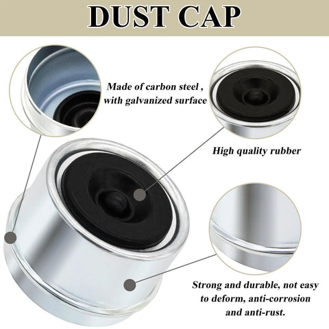 Trailer bearing dust cap kit: galvanized carbon-steel housing with rubber seal, shown in front and close-up views