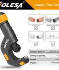 TOLESA pipe cutter tool, 3/16–2 in OD, heavy-duty metal cutter with deburring tool; black body with orange knob (front view)