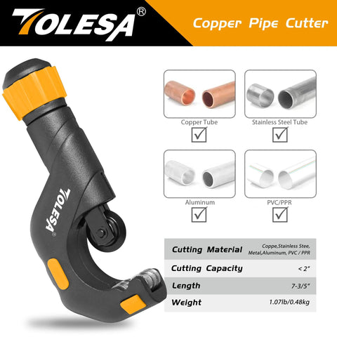 TOLESA pipe cutter tool, 3/16–2 in OD, heavy-duty metal cutter with deburring tool; black body with orange knob (front view)