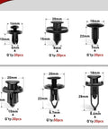 Diagram of the Ultimate Universal Car Retainer Clip Kit With 6mm 7mm 8mm 9mm 10mm Push Rivets, sizes and quantities shown