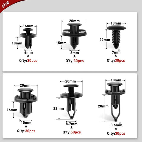 Diagram of the Ultimate Universal Car Retainer Clip Kit With 6mm 7mm 8mm 9mm 10mm Push Rivets, sizes and quantities shown