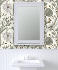 Jumbo Floral Neutral Vinyl Wallpaper With Dope Leather Texture Pattern Type Two installed behind a white mirror in a bathroom.