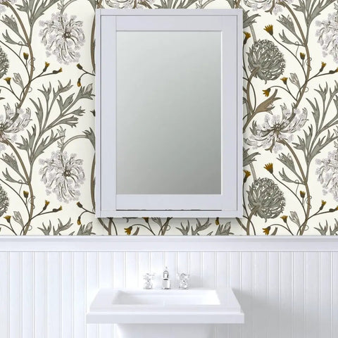 Jumbo Floral Neutral Vinyl Wallpaper With Dope Leather Texture Pattern Type Two installed behind a white mirror in a bathroom.