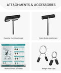 Attachments for GLX Adjustable Weight Bench With Leg Extension And Curl Machine, showing preacher curl, foam roller, chart, and clips.