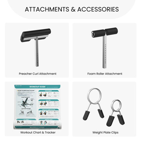 Attachments for GLX Adjustable Weight Bench With Leg Extension And Curl Machine, showing preacher curl, foam roller, chart, and clips.