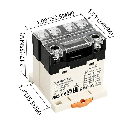 Heavy Duty General Purpose Relay RGF2BD740L 25A 200-240VAC Coil, 6 Pin DPST, shown with dimensions, LED indicator, and protection cover.