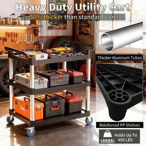 Three Tier Rolling Service Cart With Tangle Free Swivel Wheels And Two Brakes Heavy Duty 450 Lb Capacity Commercial Serving Cart