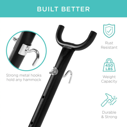 Heavy Duty 9 Foot Steel Hammock Stand With Built In Wheel For Easy Mobility Carrying Case Weather Resistant Finish And 450 Pound Capacity Your Go To Outdoor Yard Setup showing strong metal hooks and rust resistance features.