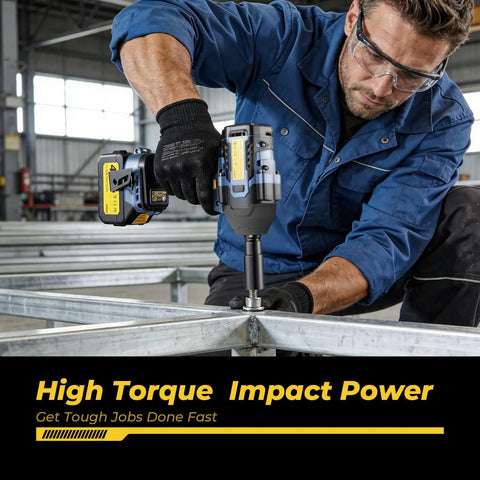 Heavy Duty Cordless Impact Wrench Beast Mode Power With 1106 Ft Lbs Torque Brushless Half Inch Drive 3500 RPM 21V With Dual 4Ah Batteries 4 Modes 5 Sockets For Truck RV And Heavy Construction used on steel frame