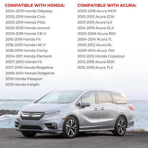 Silver minivan near ocean with list of compatible Honda and Acura car models for Engine Oil Filler Cap Fits Honda And Acura Cars.