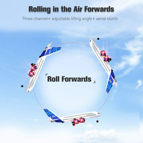 A380 RC Airplane For Beginners 2.4G 3CH Remote Control Plane rolling in air demonstrating forward roll maneuver.