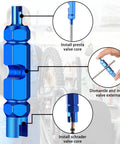 Must Have Tubeless Valve Kit For Road And MTB With Brass Presta Adapter And Core Remover Tool showing use cases.