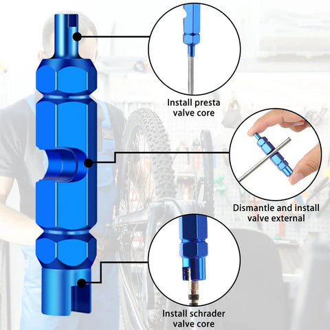 Must Have Tubeless Valve Kit For Road And MTB With Brass Presta Adapter And Core Remover Tool showing use cases.